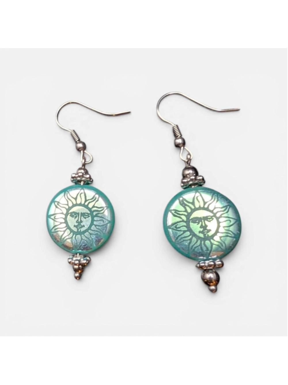 Celestial Sun Earrings Czech Glass Sun Face Teal Aqua Glass Dangle